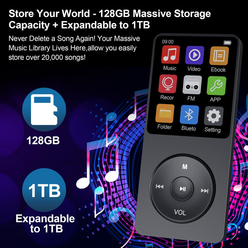Pocket 128GB MP3 Player with Bluetooth 5.3, Mini 1.8-Inch Music Play Built-in HiFi Speaker,Portable MP4/MP3 Player for Kids with Music,Video,FM Radio, E-Book Reader, Voice Record, Photo Viewer, Black