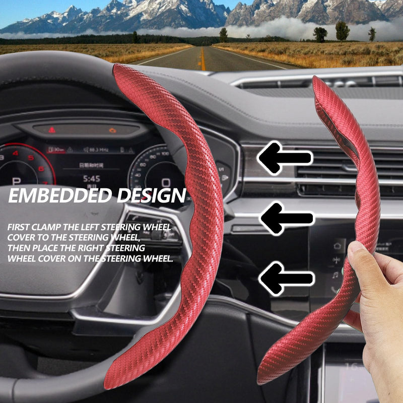 2pcs Universal Fit Carbon Fiber Steering Wheel Cover, Anti-Skid Steering Wheel Cover/Segmented Steering Wheel Protector/Car Interior Accessories (red) red