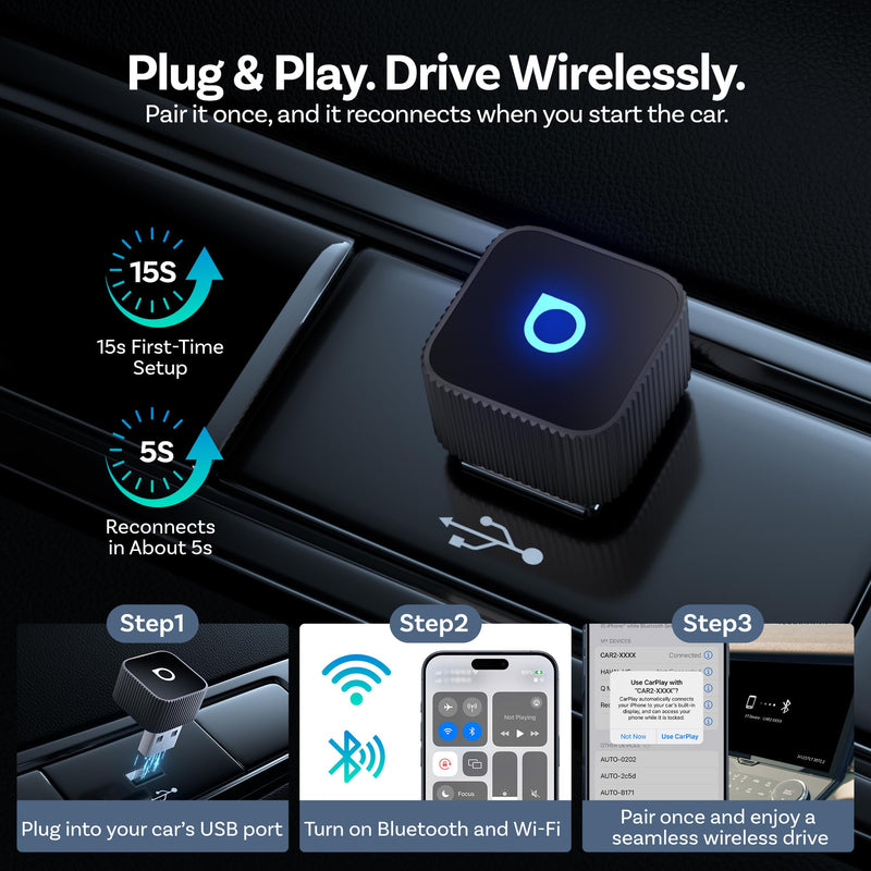 OTTOCAST Mini Slim Wireless CarPlay Adapter & Android Auto Adapter | Mini Cube 2-in-1 Adapter for Cars with Factory Wired CarPlay/Android Auto, 5GHz WiFi, Bluetooth 5.0, 5s Auto Reconnect Black