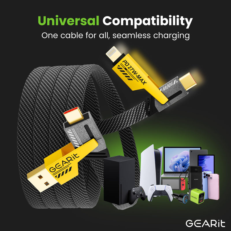GEARit 100W 4 in 1 Charging Cable, USB C Multi Charging Cable with USB-A & Lightning Compatible Tips, Fast Charge Multi Charger Cable for Multiple Devices, iPhone, MacBook, 3.3FT Black 3.3FT/1.2M 4 IN 1-100W