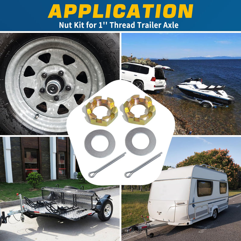 2Sets 1'' Trailer Axle Nut Kits 1'' Thread Spindle Castle Nuts Set with 1" I.D. Washers & 2.3'' Long Cotter Pins, Trailer Nut Kit for 1'' Shaft Spindle KIT#8 (2Set 1'' Trailer Axle Nut Kit)