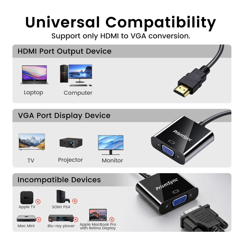 HDMI to VGA Adapter 10-Pack for Laptop to Projector 1080p | Uni-Directional, Gold-Plated Converter (M/F), Plug & Play, Works with PC, Monitor, HDTV, Chromebook, Raspberry Pi, Xbox Black