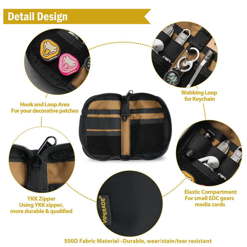 VIPERADE VE20 EDC Pouch Small Pocket Organizer with 8 Compartments, Pocket Tools Pouch with Patches Display Panel, Mini Organizer Bag for Men Black Camo