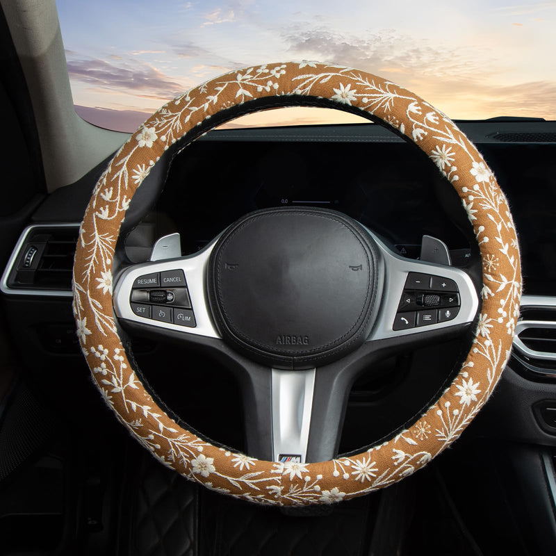 Brown Japanese Style Flower Steering Wheel Cover Auto Embroidery Steering Wheel Protector, Anti-Slip, Breathable, Absorbing Sweat, Universal Car Accessories 14.5–15 inch,Fit for Most Car, Trucks, SUV Brown Japanese Style Flower JQ 15 inch