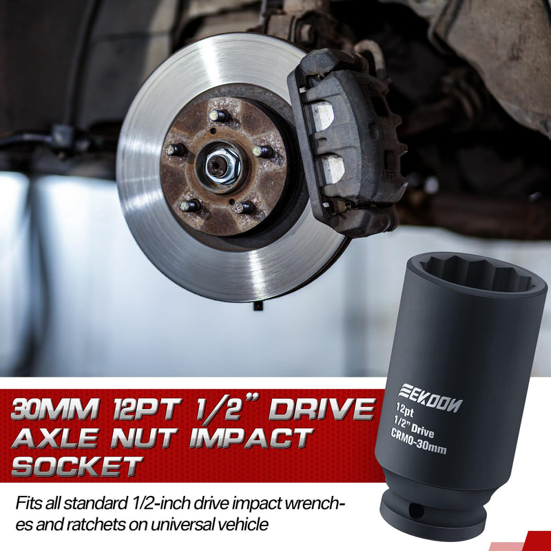 Feekoon Axle Nut Impact Socket, 30mm, 12 Point, 1/2 Inch Drive, CR MO, Spindle Nut Socket for Removing Axle Shaft Nuts, Universal Quick Fit Nuts Remover, Deep Well Hub Release Tool for Impact Wrench