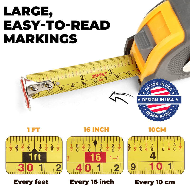 MulWark 25ft Metric Tape Measure, Measuring Tape Retractable, Easy Read Measurement Tape Both-Side Metal Blade, Magnetic Hook & Shockproof Case for Construction, Carpenter, Architect, Woodworking 7.9 m Red 1