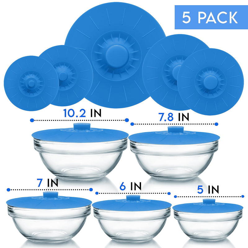 Silicone Bowl Lids Blue Set of 5 Reusable Suction Seal Covers for Bowls, Pots, Cups. Food Safe. Natural grip, interlocking handles for easy use and storage. 5 Piece Blue Translucent