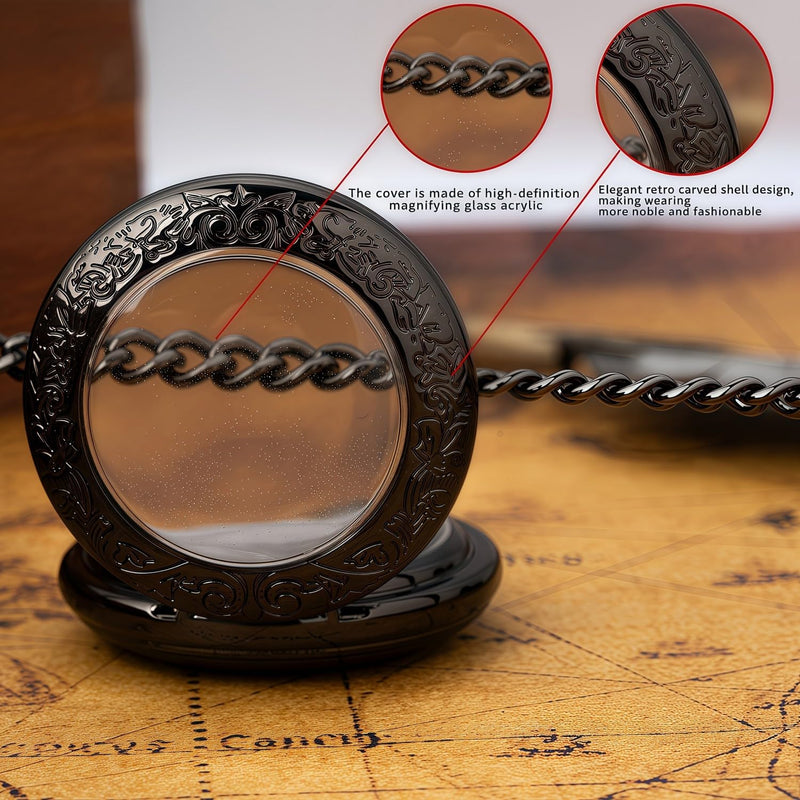 Mechanical Pocket Watch, for Men Women Special Magnifier Half Hunter Engraved Case Roman Numerals with Chain Af. Black Black + Wooden Box