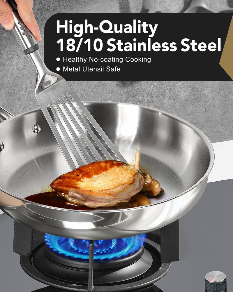 MICHELANGELO Stainless Steel 8 inch Frying Pan, Small Skillet with Triply Base, Stainless Steel Pan with Ergonomic Handle, Induction Compatible Silver 8-Inch w/o Lid