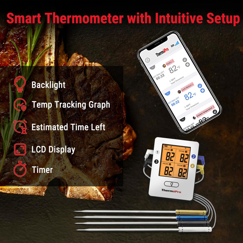 ThermoPro TP25 650FT Wireless Meat Thermometer with 4 Probes, Bluetooth Meat Thermometer for Cooking, BBQ Oven Food Smoker Thermometer Rechargeable White