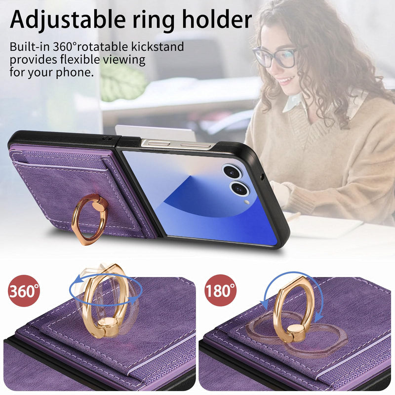 for Samsung Galaxy Z Flip 8 Wallet Case with Card Holder Purple | Credit Slots Built-in Rotate Ring Stand PU Leather Protective Kickstand Shockproof Cover for Women Men Girls