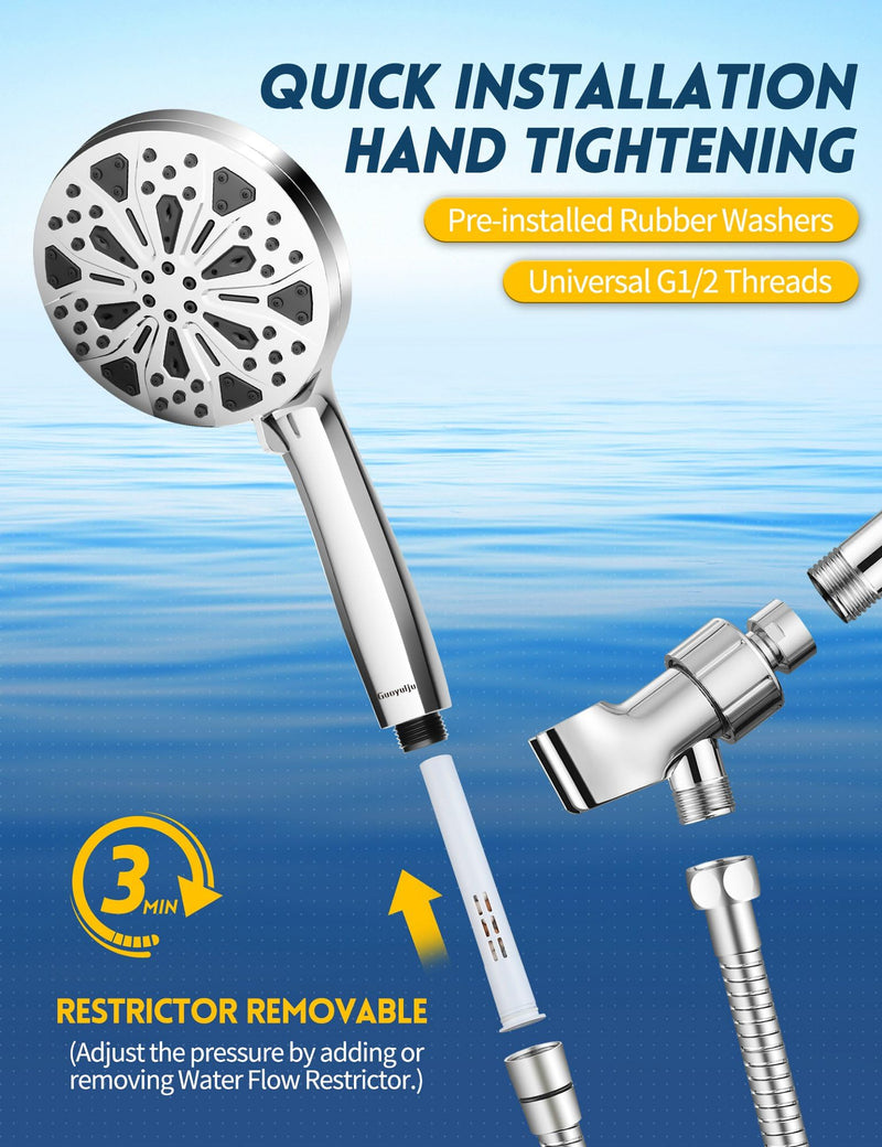 Filtered Shower Head with Handheld and Hose, 10 Spray Modes High Pressure Showerhead for Hard Water, Water Saving Removable Filter with Beads, Chrome Finish, WaterSense & CUPC Certified
