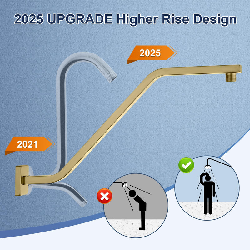 Square Shower Head Extension Arm with Flange, 16.5 Inch Z/S Shaped High Rise Shower Pipe Extender Wall-Mounted for Fixed Bathroom, Shower Head Goose Neck Arm - Extra Long Thread, Brushed Gold