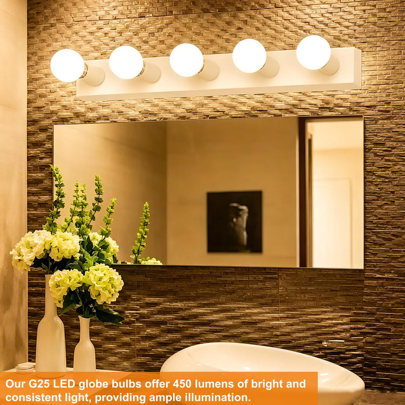 Vinaco Glass LED G25 Globe Light Bulbs 60W Equivalent, G25 Dimmable 2700K Warm White Round Frosted Vanity Light Bulb for Bathroom Mirror and Chandelier, 6 Pack Milky Frosted G 25 E26 Bulb with 450LM E26 Base（Pack of 6） 2700k Matt White Glass