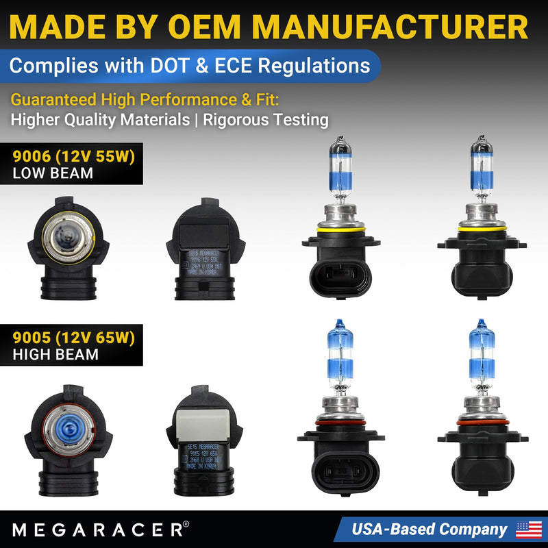 Premium OEM 9005 9006 Halogen Headlight Bulbs Combo (4 Bulbs) - Street-Legal & DOT Compliant for On-Road Use, Automotive Car Light Replacement, 12V 65/55W, High & Low Beam, Plug & Play - Made in Korea 9006+9005 (Low & High Beam)