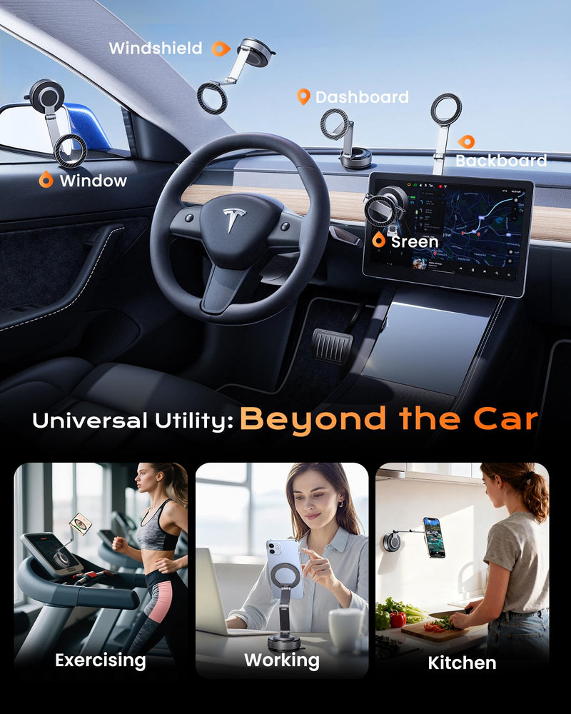 Magnetic Phone Holder for Car, 3-Axis Long Arm Mount for Tesla Model Y/3 | Foldable Washable Nano Gel + Vacuum Suction, Car Phone Mount for iPhone 17 16 15 14 13 12 Pro Max, MagSafe Cases, Dashboard Gray