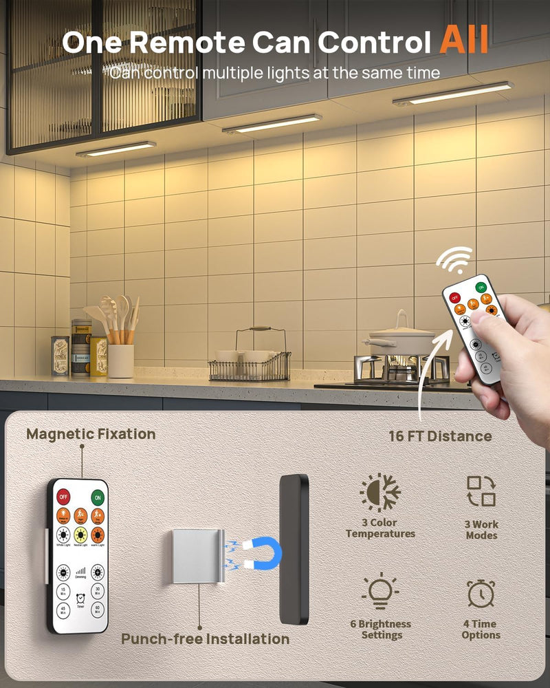 16in Under Cabinet Lighting with Remote Control,160 LED Motion Sensor Light Indoor,4000mAh USB Rechargeable Closet Lights,3 Color Temps Wireless Under Counter Lights for Kitchen,Pantry, Stair, 3 Pack White-16 Inch