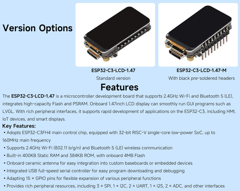 ESP32-C3 1.47inch LCD Display Dev Board with Pre-Soldered Headers, RISC-V 32-bit Single-Core Processor, 262K, 172×320 Pixels, Support 2.4GHz Wi-Fi/BLE 5, HMI, IoT Devices, Smart Displays