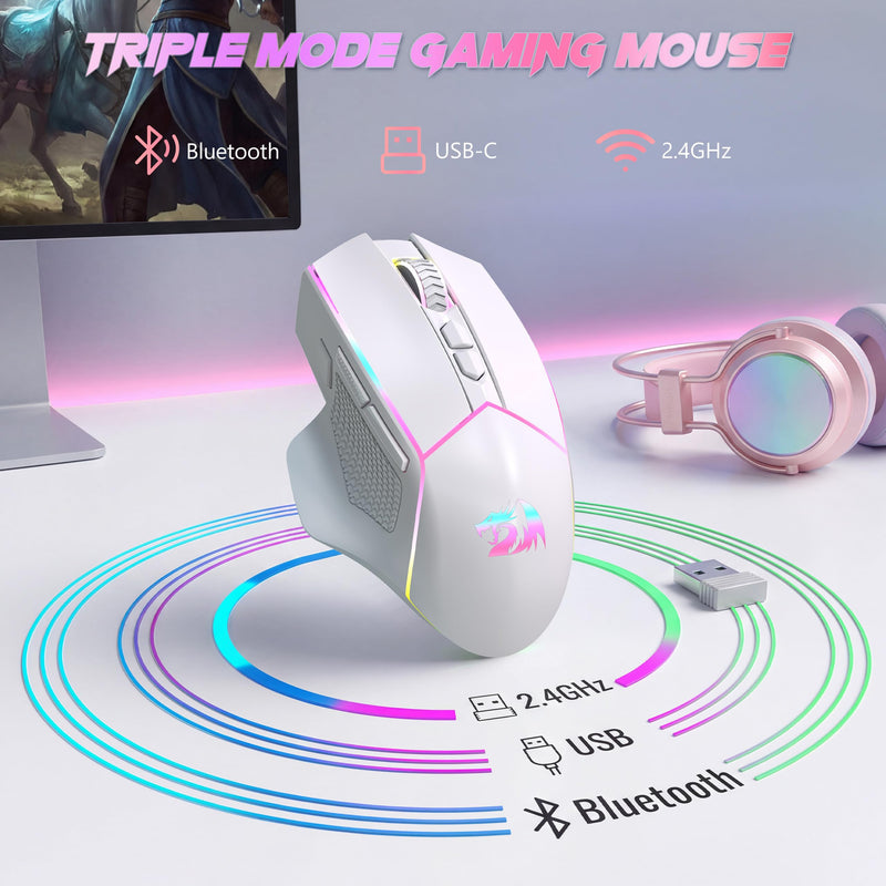 Redragon Wireless Gaming Mouse, Tri-Mode 2.4G/Bluetooth/USB-C, 7 Programmable Buttons, Tactile Rapid Fire Key, 24000 DPI RGB Ergonomic Mouse for PC Windows Gaming & Work, M814W White