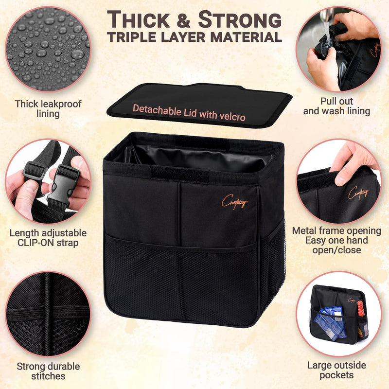 Creathing Leakproof Car Trash Can [3 Gal] Slim Design Garbage Bin– Universal Fit in Cars, Trucks, SUVs, for Floor, Console or Seat Hanging (Black) 3 Gallons Black
