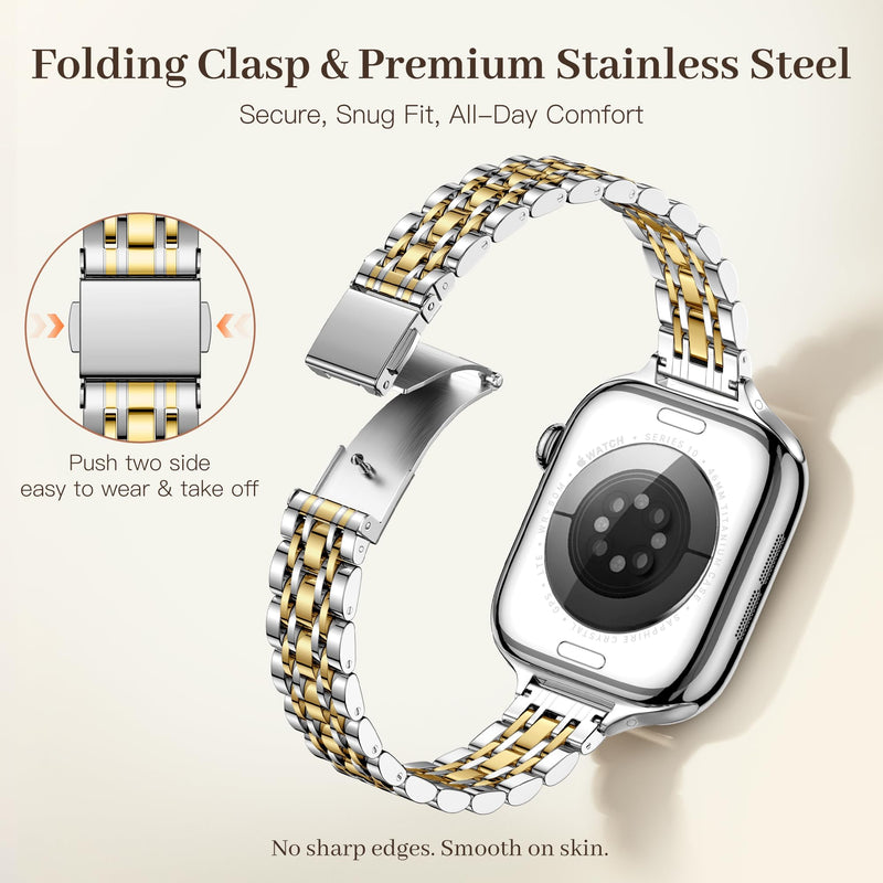 Lerobo Slim Metal Band Compatible with Apple Watch Bands for Women 40mm 41mm 42mm 38mm 44mm 45mm 46mm 49mm,Thin Elegant Stainless Steel Strap for iWatch Series 11 10 9 8 7 6 5 4 3 2 1 SE Ultra Silver Gold 38mm/40mm/41mm/(42mm-series 11 10)