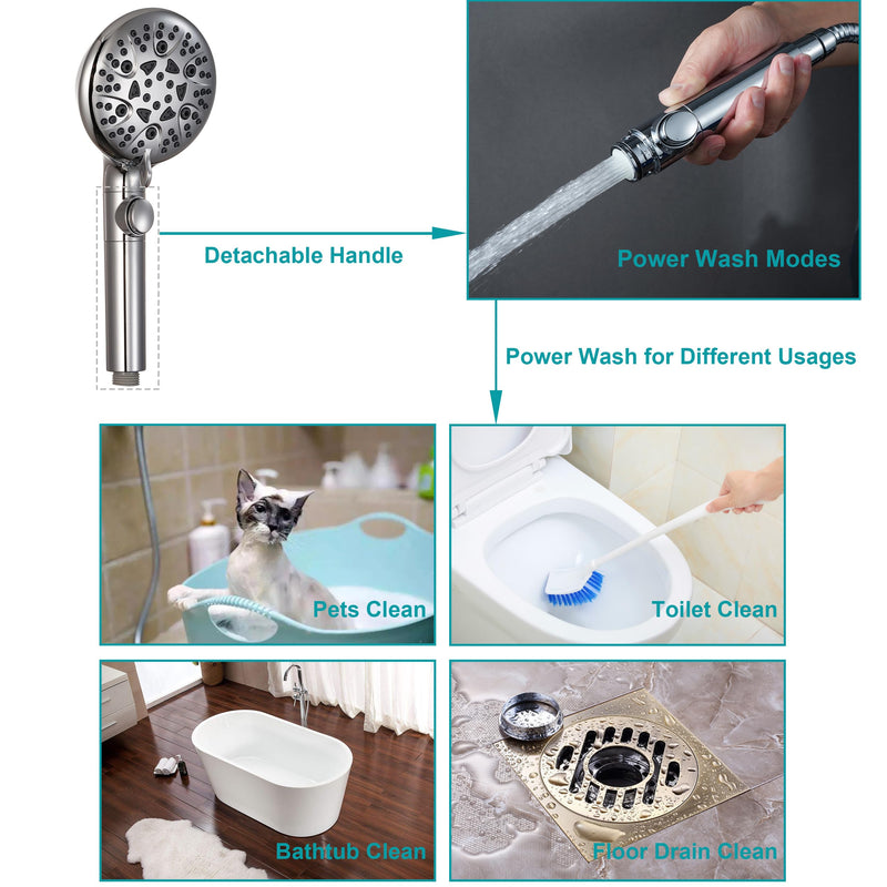 GwernKB Handheld Shower Head with On Off Switch 8-Mode High Pressure Showerhead with 79 Inches Extra-long Stainless Steel Hose and Bracket PLUS Extra Low-Reach Adhesive Wall Mount for Kids,Silver… Silver