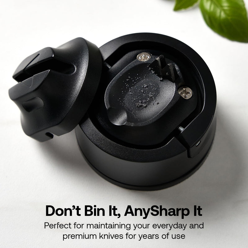 AnySharp – EVO – Hands Free Knife Sharpener - Easy to Use Sharpening Tool with Improved PowerGrip Suction Base and 20-Deg Pre-set Angle - For All Knives: Chef’s, Serrated, and Hardened Steel - Black One Size