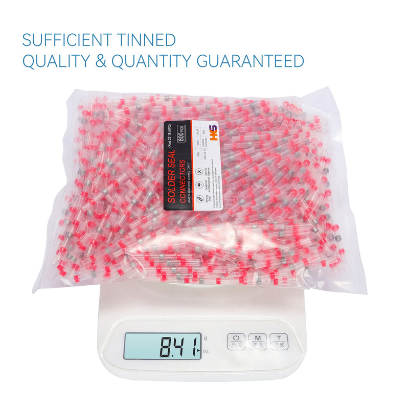 HKS 800 PCS Solder Seal Wire Connectors - Red 22-18 AWG - Heat Shrink Solder Butt Connectors - Tinned - Automotive Marine Boat Crimp - Waterproof and Insulated 800PCS