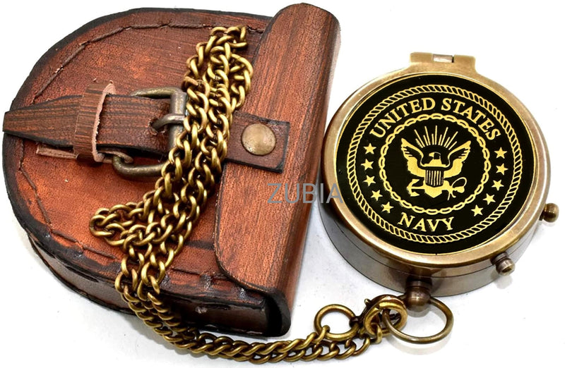 Navy Engraved Brass Pocket Compass with Leather Case, Vintage Antique Style Navigation Compass, Personalized Nautical Gift for Men, USN & Marine Inspired Keepsake for Graduation, Birthday