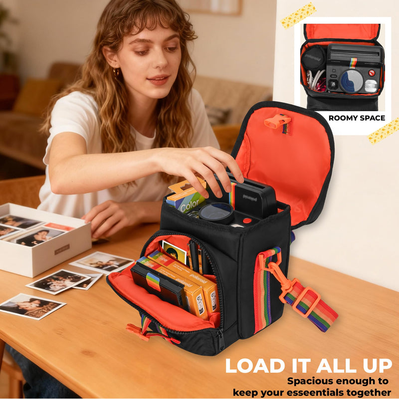 Camera Case for Polaroid Now 3rd/2nd Gen with Photo Display Window | Instant Camera Sling Bag with Clear Display Window, Quilted Front Pocket, 8mm Padding, Top Handle and Adjustable Strap, Black