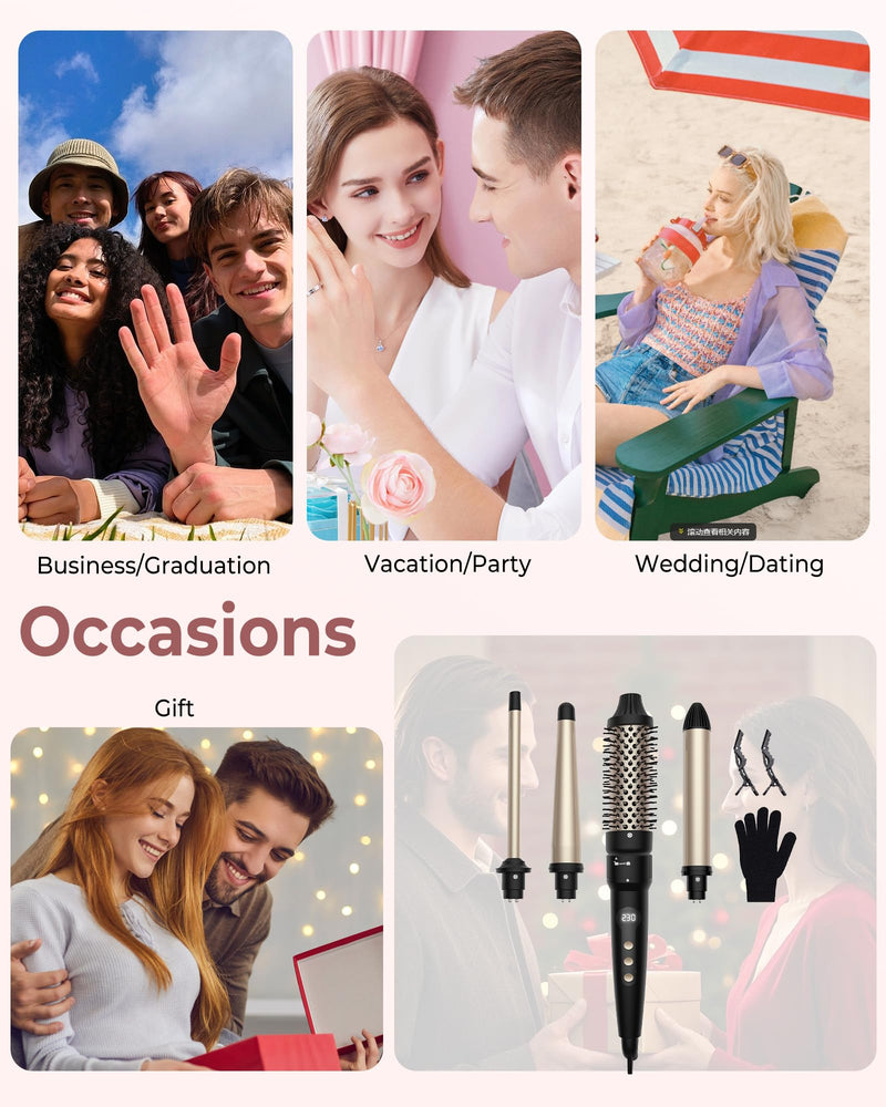 38mm Thermal Brush, UKLISS 4 in 1 Hot Hair Brush Set, 9/13-25/32mm Curling Iron for Short & Long Hair, 14 Temps LCD Display (210-450℉), 4 Interchangeable Barrels to Create Curls & Add Volume for Hair Classic Black(4 in 1 Set)