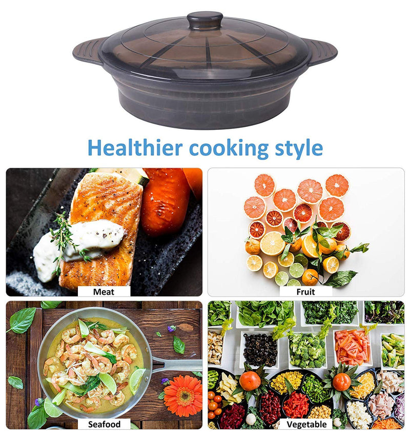 Microwave Steamer Cooker Collapsible Bowl-Silicone Steamer Cookware with Handle Lid for Vegetables Fish Prep Meal Food with Removable Rack BPA Free, Easy to Store, Freezer & Dishwasher Safe, Large Black