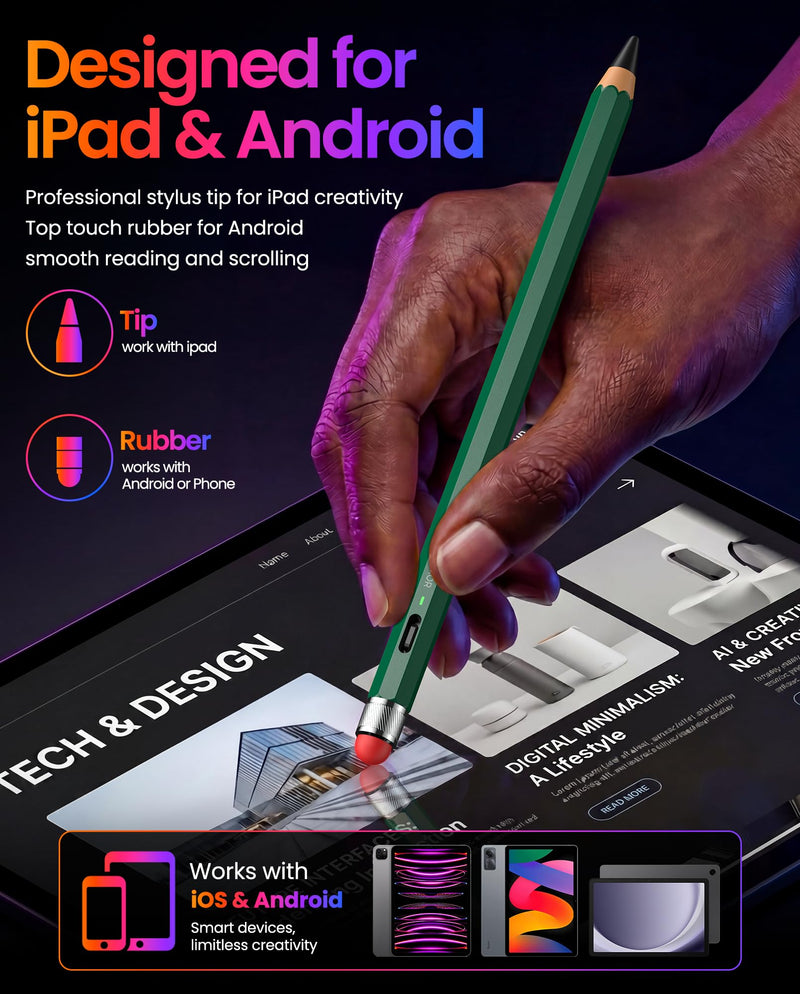 Stylus Pen for iPad 2018-2026, Pencil-Style with Fine Tip & Rubber Tip | USB-C Charging, Magnetic Digital Pencil for iPad Pro 11/12.9/13, Air 3rd-8th, Mini 5-7, iPad 6th-11th Gen, Green UltraPencil-GN