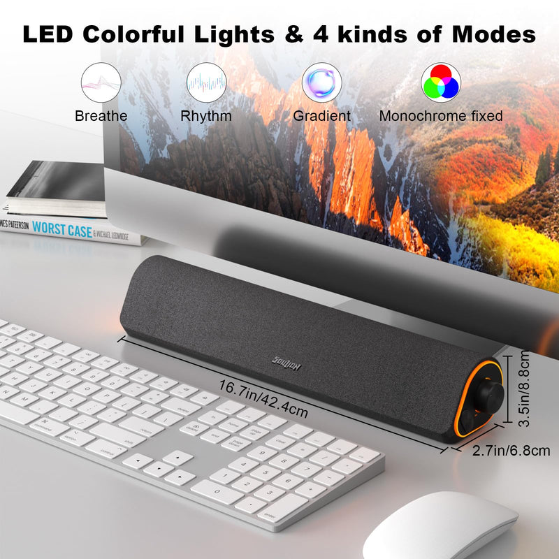 SOULION R50 Bluetooth Computer Speakers, 3.5mm PC Sound Bar for Desktop Monitor, Wired USB Powered & Colorful LED Lights with Switch Button, Surround Sound Soundbar PC Spearkers for Computer Dark Grey