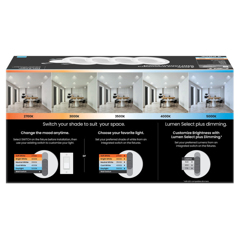 Feit Electric 4 Inch LED Recessed Downlight with Lumen Select, 75W Equivalent, Dimmable, 775 Lumens, 5CCT Selectable White 2700K–5000K, 90+ CRI, 50,000-Hour Lifetime, LEDR4HO/6WYCA/4, 4 Pack 4-Inch High Output