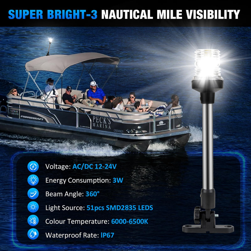 9 Inch Stern Light Bimini Top Anchor Light, LED Pontoon Navigation Lights Waterproof IP67, 3 NM Visibility White Fold Down Rear Boat Lights for Jon Boat, Small Boats, Fishing Boats (12~24V) 9 Inches