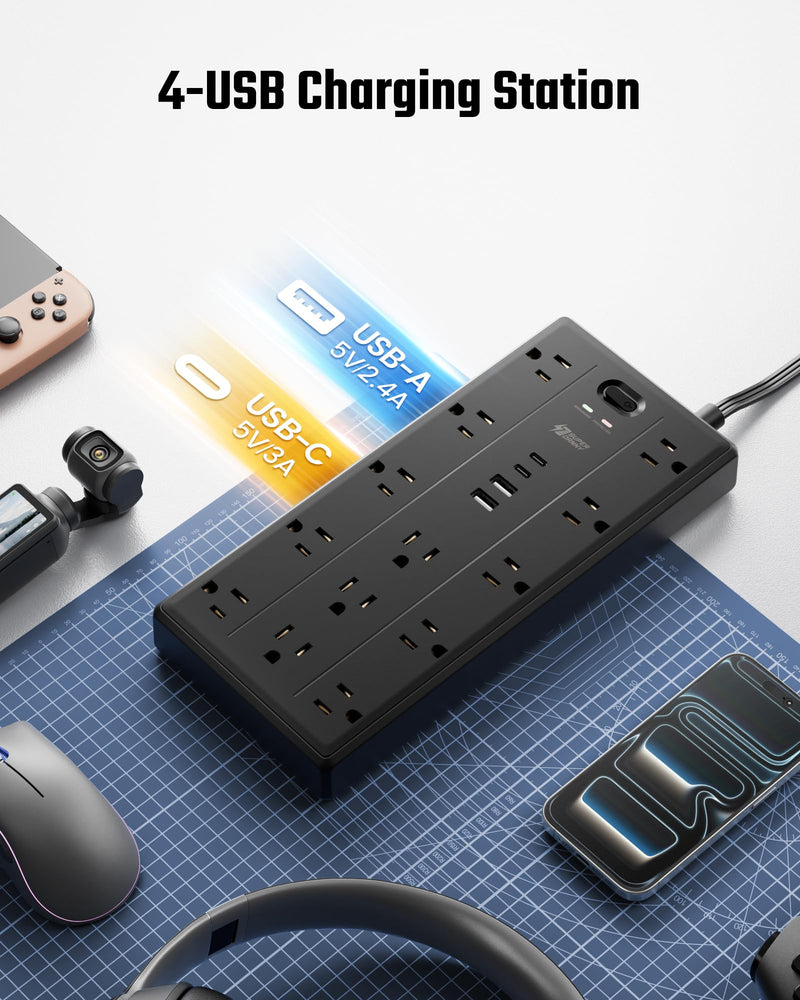 SUPERDANNY 10Ft Extension Cord with Multiple Outlets, Flat Plug Power Strip | 2100J, 13AC 2 USB C 2 USB A Charging Ports, Surge Protector, Desk Charging Station, Home Office, College Dorm Room Essentials Black 10 FT