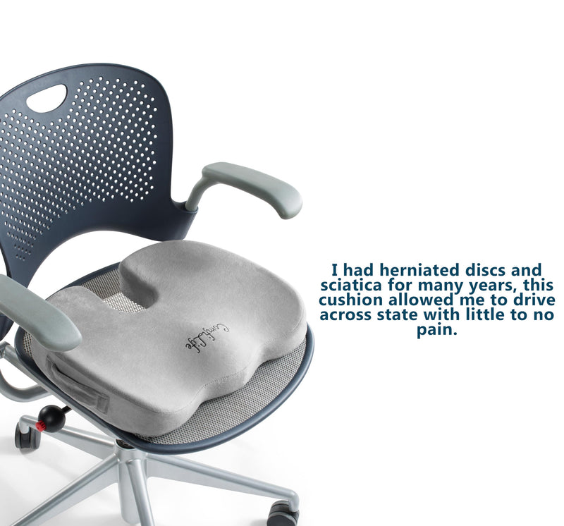 ComfiLife Premium Comfort Seat Cushion - Non-Slip Orthopedic 100% Memory Foam Coccyx Cushion for Tailbone Pain - Cushion for Office Chair Car Seat - Back Pain & Sciatica Relief (Gray) Gray