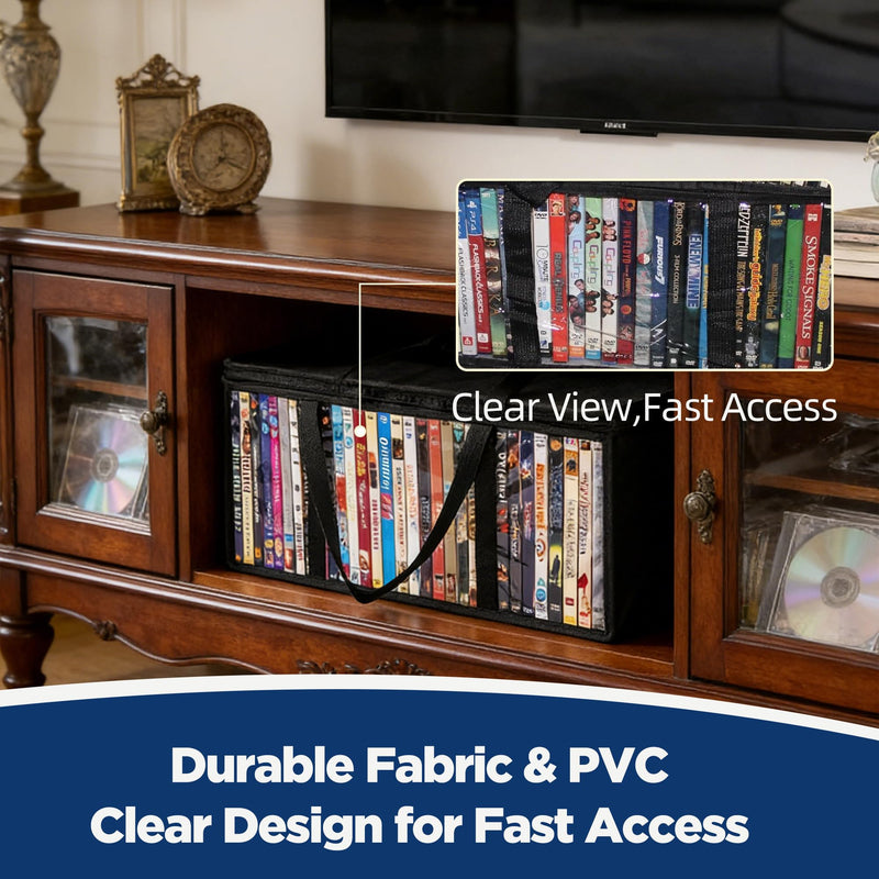 DVD Storage Bags, Clear PVC Media Organizer with Handles, Front Zipper Window, Stackable Holder for Blu Ray Discs, Movie Cases and VHS Boxes, 2 Pack, Holds 70 DVD Cases Total, 35 per Bag (SB-A-01) SB-A-01 Black