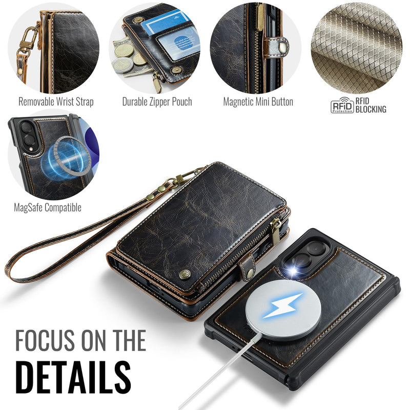 Defencase for Galaxy Z Fold 8 Case Wallet Compatible with Magsafe, Coffee | Magnetic Detachable, RFID Bolcking Card Holder, Zipper, PU Leather, Drop-Proof Phone Cases Cover for Samsung Galaxy Z Fold 8 (Detachable with Magsafe)-Coffee