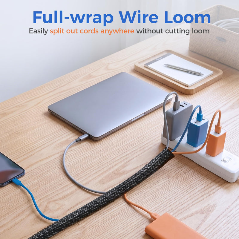 Delamu 10ft - 1/2 inch Cable Sleeve Cord Protector from Pets No Chew, Split-Braided PVC Wire Loom Tubing for Desk Computer USB TV Cord Organizer, Easy Set-up Cable Management Sleeve Kit, Black 1/2"-10ft