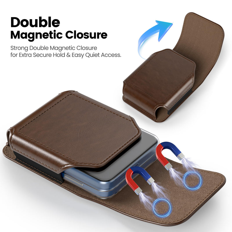 Magnetic Closure Holster for Motorola Razr Plus, Moto Razr - Leather Belt Case Pouch with Metal Belt Clip