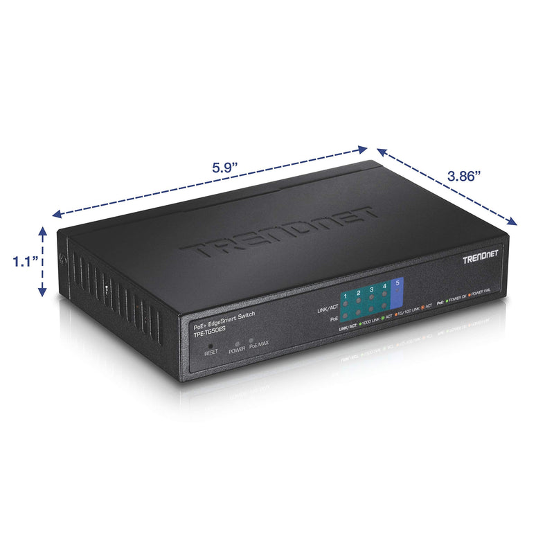 TRENDnet 5-Port Gigabit EdgeSmart PoE+ Switch, 4 x Gigabit PoE+ Ports, 1x Gigabit Port, 31W PoE Power Budget, Managed PoE+ Switch, Wall mountable, Black, TPE-TG50ES