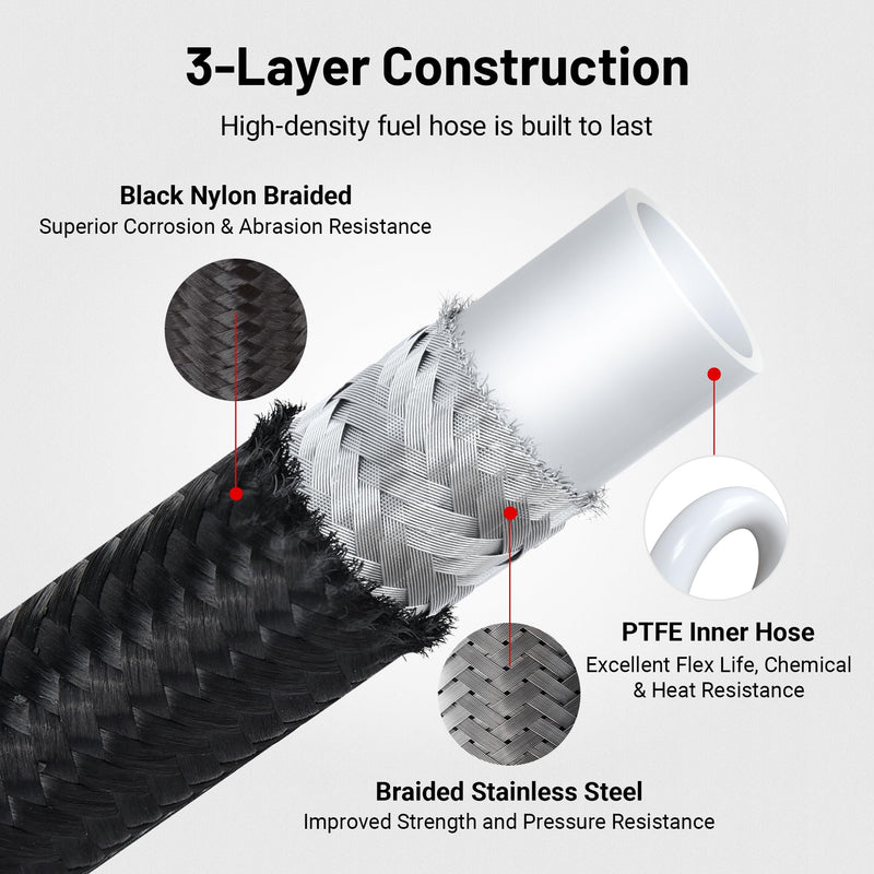 EVIL ENERGY 6AN PTFE Fuel Hose Line, AN6 Fuel Line E85 Nylon Braided 10FT Black 5/16 Inch ID 6AN 10FT