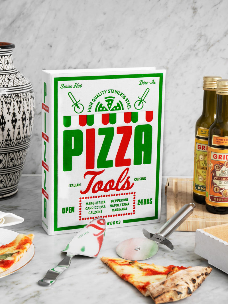 Printworks The Essentials, Pizza Tools – Pizza Cutter & Server Spatula Set with All the Accessories You Need in an Elegant Book-Style Case Pizza Kit