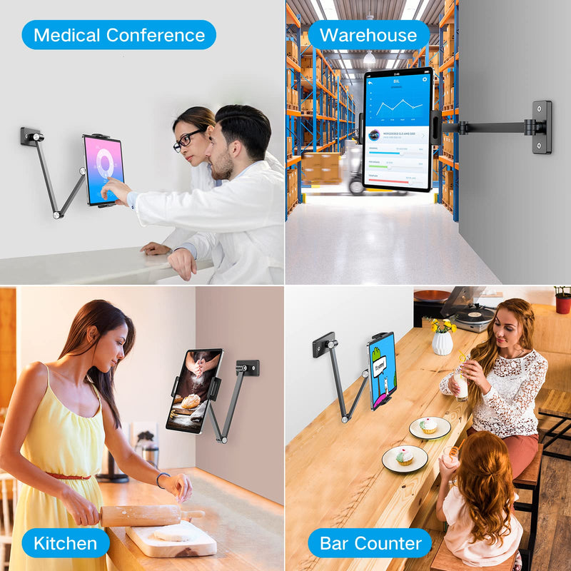 BEWISER Tablet Wall Mount Holder,360° Rotating Flexibly, Height and Angle Adjustable, Folding Aluminium Alloy Long Arm Compatible with4.7-12.9" Phone and Tablet in Kitchen or Office (Space Grey)… Black