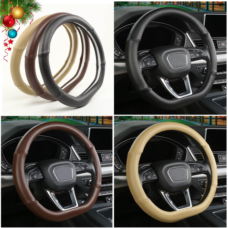 Cxtiy D Shaped Steering Wheel Cover, Genuine Leather Flat Bottom Stearing Wheel Cover Luxury Car Accessories 14 1/2-15 inch (Brown) Brown