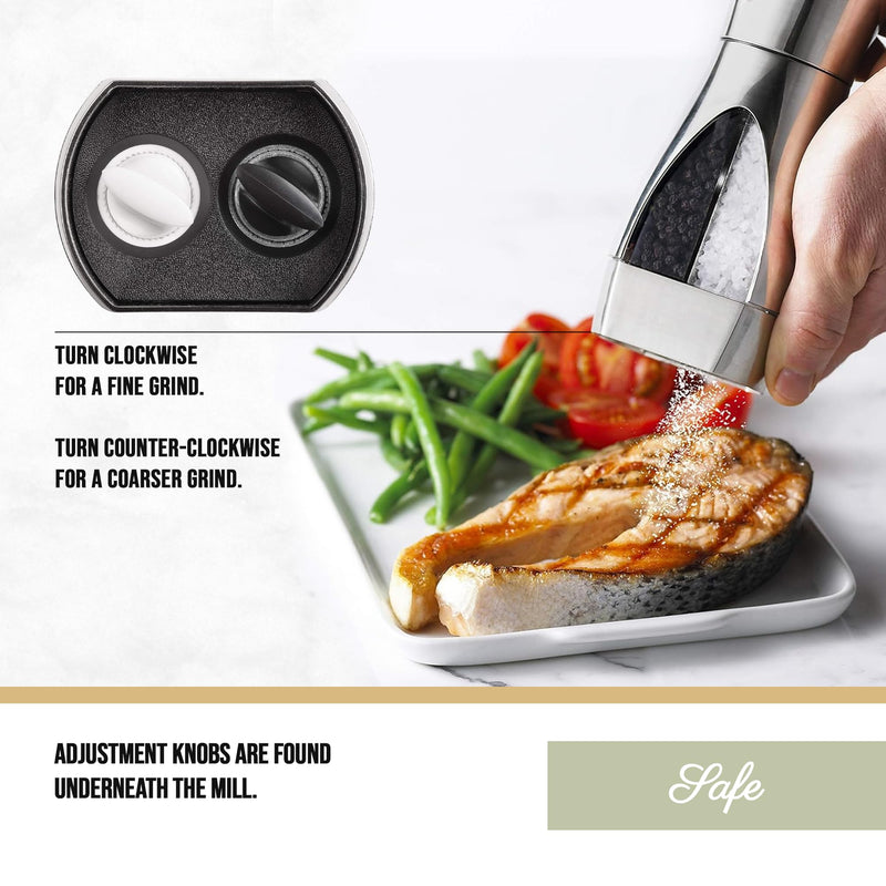 Trudeau Stainless Steel Manual 2-in-1 Salt and Pepper Mill - 7.5-Inch Space-Saving Grinder with Durable Carbon Steel Pepper Grinder and Rust-Proof Ceramic Salt Grinder - Adjustable Grind Settings