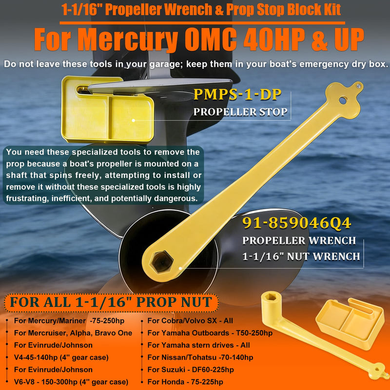 Marine 1-1/16" Propeller Wrench & Prop Stop Block Kit for All Outboard & Stern Drive (Mercury/Mercruiser/Yamaha) High-Visibility Yellow Corrosion-Resistant Outboard Prop Removal & Installation Kit 1-1/16" with Prop Stop