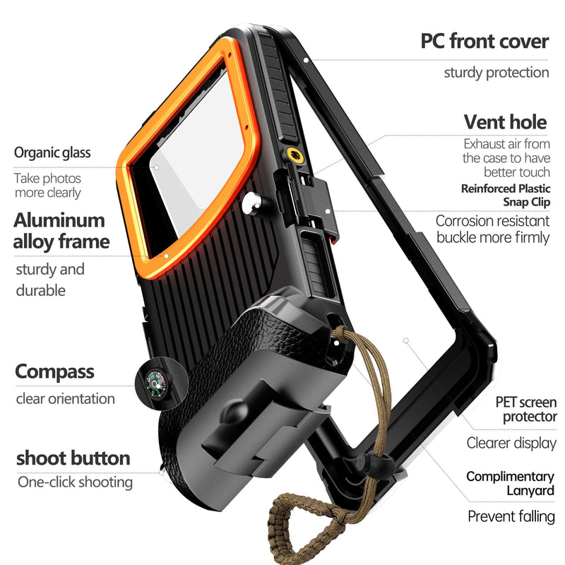 iPhone Underwater Housing, 50ft/15m, Gen 2s, Black Orange | A vacuum valve and physical shutter support secure diving; the 1/4in tripod mount expands filming options. Gen 2S -for iPhone